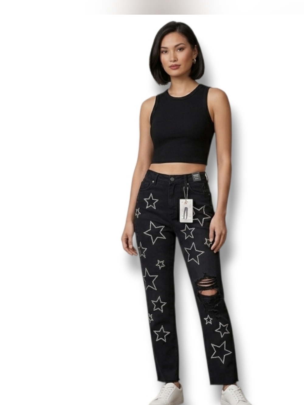 NWT Simple Society Black Rhinestone Star Jeans Juniors 17/33 High Rise Straight